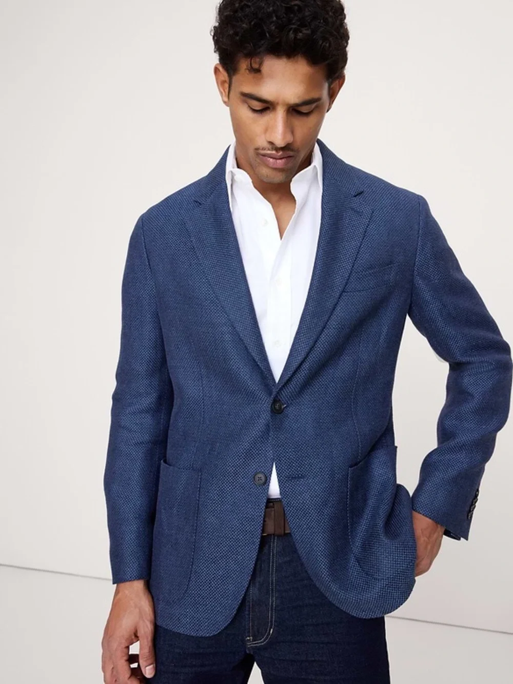 Banana Republic Blue Herringbone Linen Sports Blazer Coat Size 38S Tailored Fit